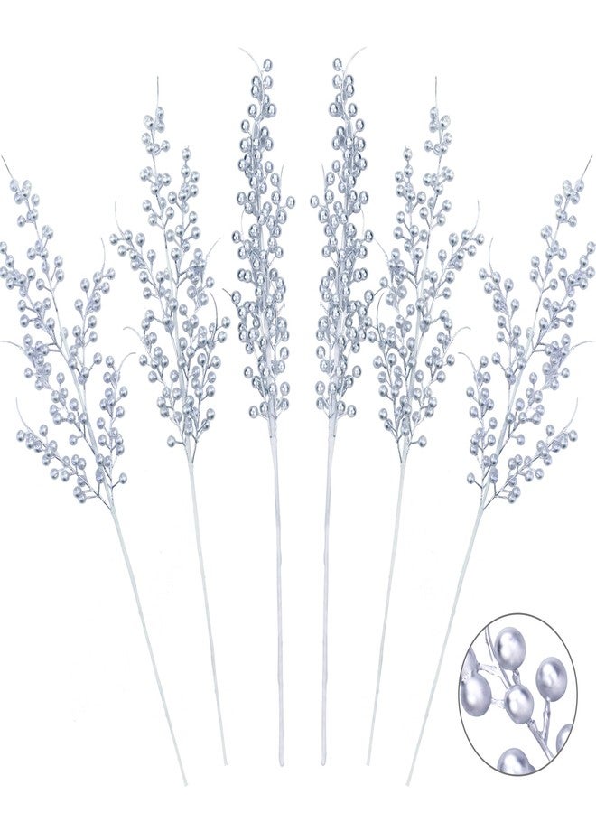 GREENTIME 6 Pack Artificial Long Berry Stems Silver Christmas Ornaments Fake 25.2" Silver Berry Picks Faux Holly Berries Branches for Christmas Tree Wreath Vase Holiday Home Decor - Image 1