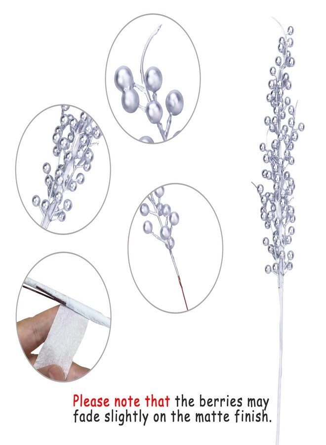GREENTIME 6 Pack Artificial Long Berry Stems Silver Christmas Ornaments Fake 25.2" Silver Berry Picks Faux Holly Berries Branches for Christmas Tree Wreath Vase Holiday Home Decor - Image 3