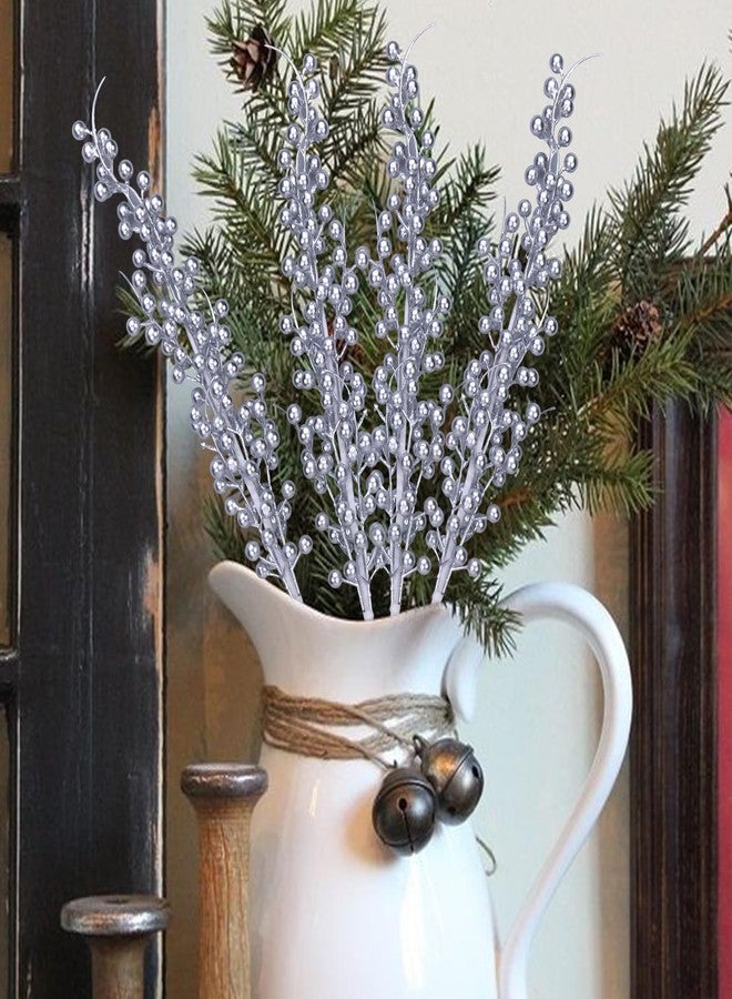 GREENTIME 6 Pack Artificial Long Berry Stems Silver Christmas Ornaments Fake 25.2" Silver Berry Picks Faux Holly Berries Branches for Christmas Tree Wreath Vase Holiday Home Decor - Image 4