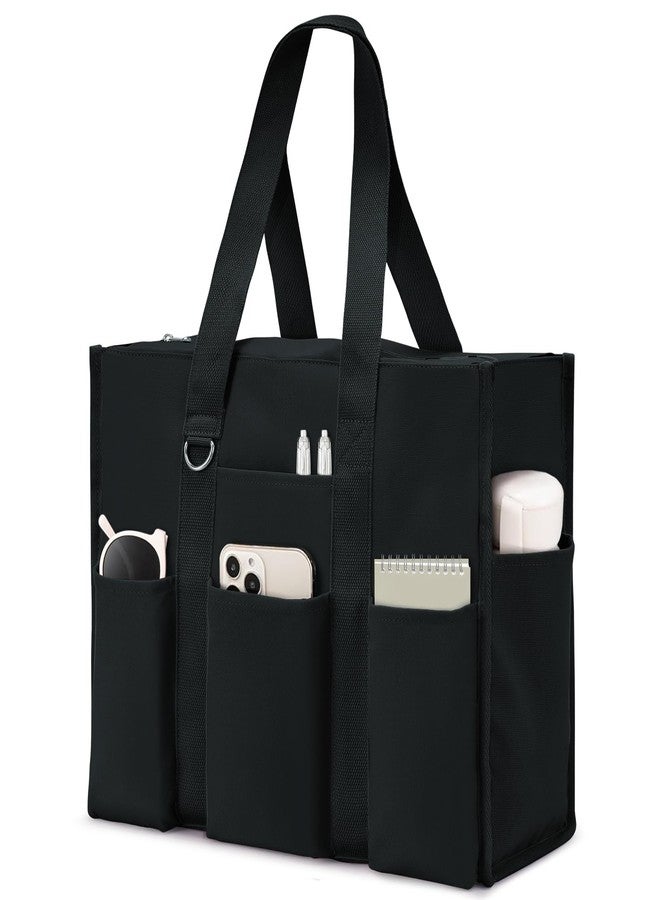 Becokan Large Tote Bag for Women Waterproof with 12 Pockets Top Zipper Closure Utility Teacher Nurse Bags for Work School, Black, Large - Image 1