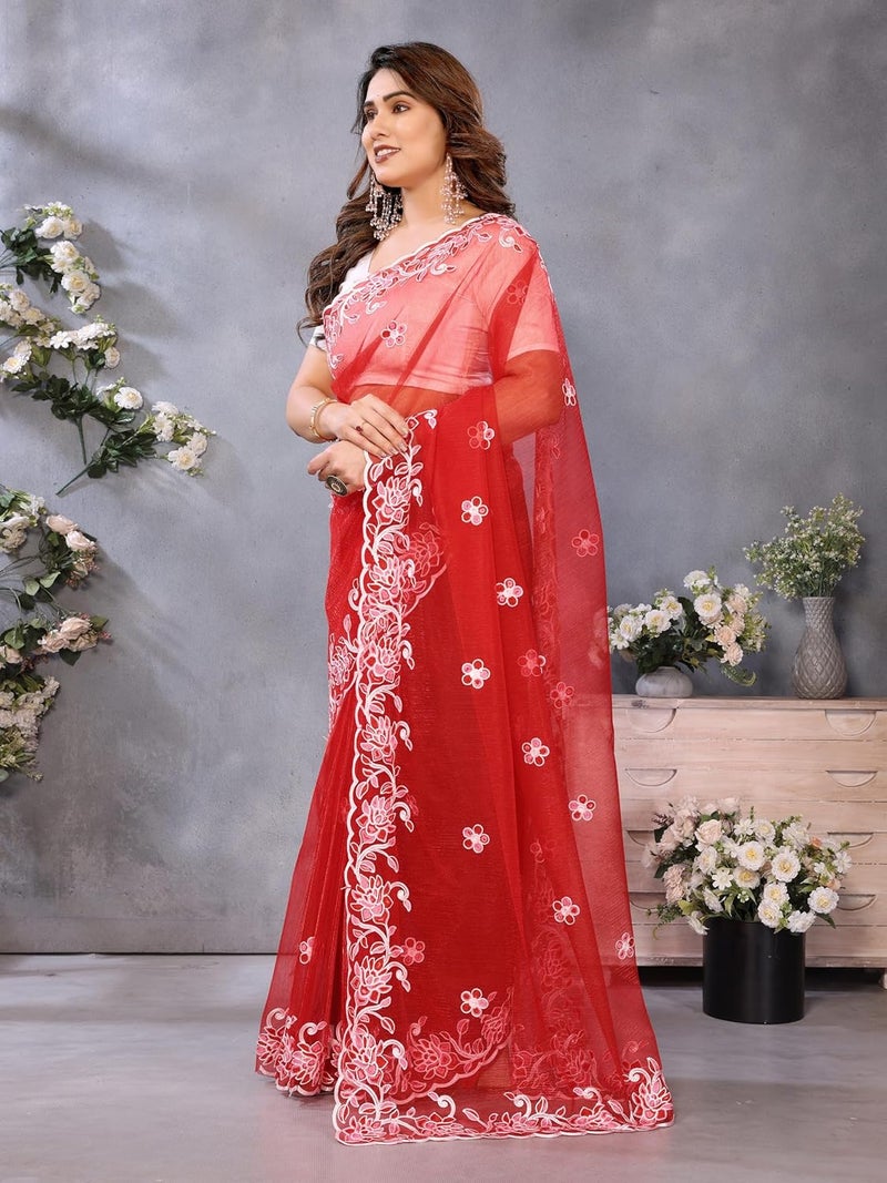 Sidhidata ساري سيدي داتا النسائي الأحمر اللامع مع قطعة بلوزة غير مخيطة - Image 5