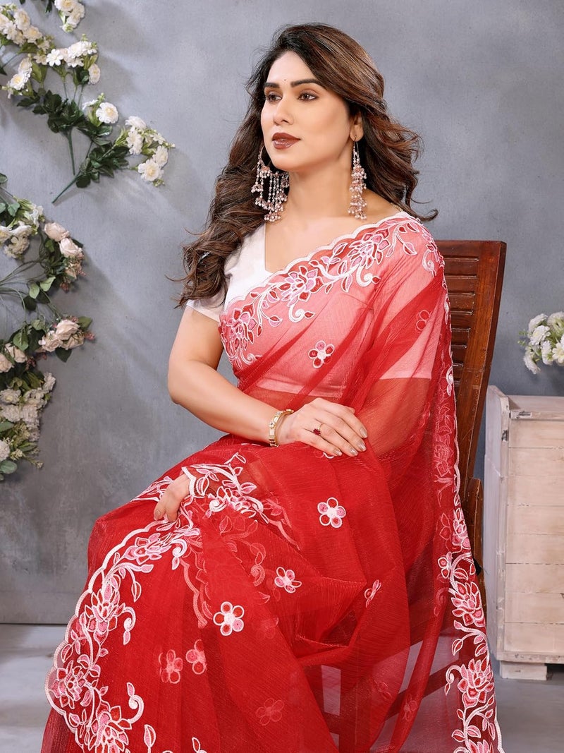 Sidhidata ساري سيدي داتا النسائي الأحمر اللامع مع قطعة بلوزة غير مخيطة - Image 3