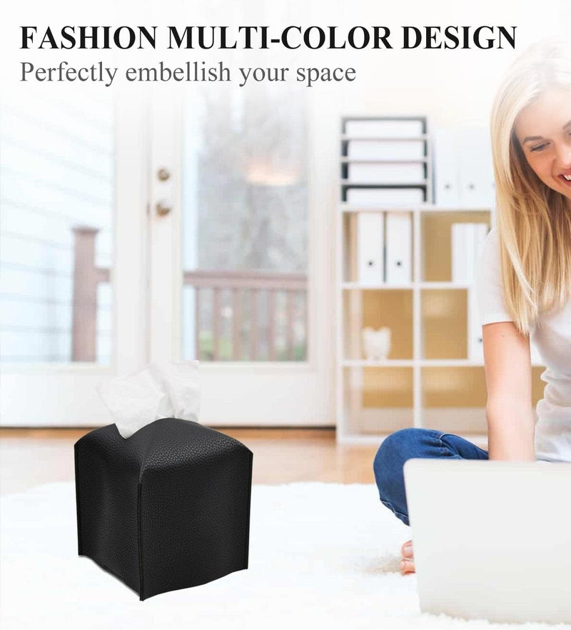 Livelab Tissue Box Cover, Square Decorative PU Leather Tissue Box Holder Modern Tissue Case Facial Paper Organizer Dispenser for Bathroom, Vanity Countertop, Night Stands, Desk, Car 5X5X5'' | Black - Image 3