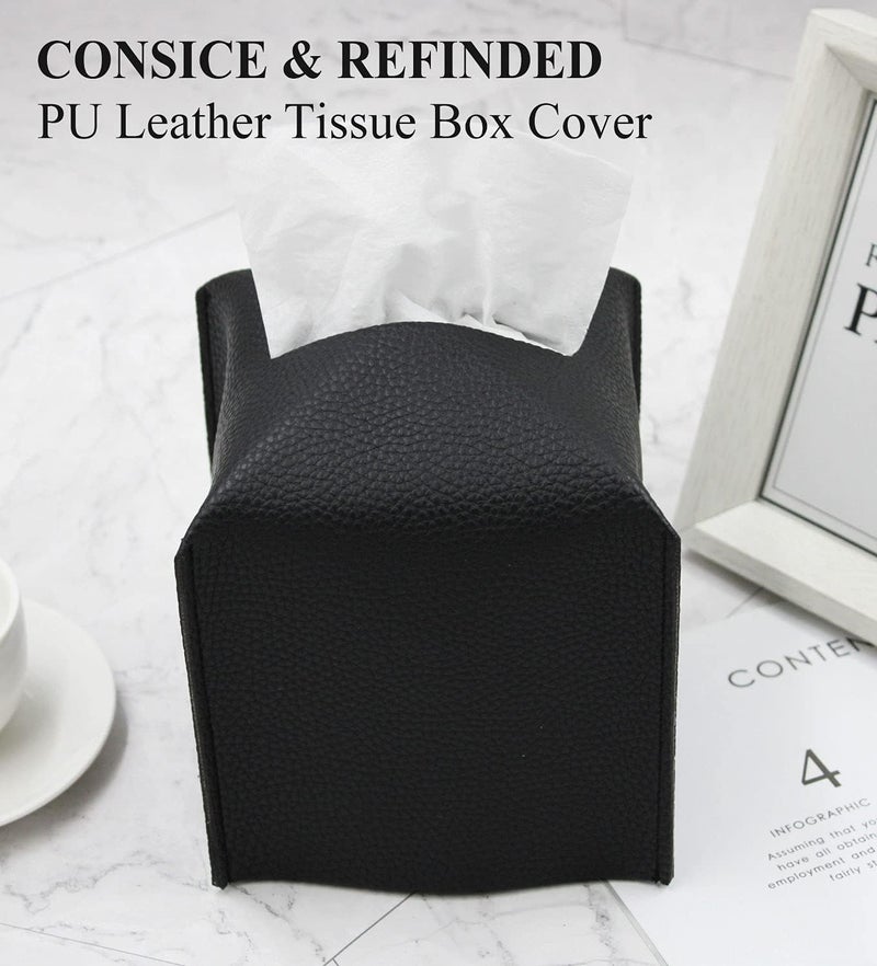 Livelab Tissue Box Cover, Square Decorative PU Leather Tissue Box Holder Modern Tissue Case Facial Paper Organizer Dispenser for Bathroom, Vanity Countertop, Night Stands, Desk, Car 5X5X5'' | Black - Image 4