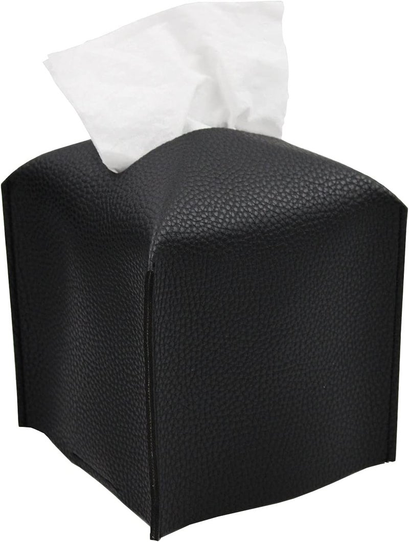 Livelab Tissue Box Cover, Square Decorative PU Leather Tissue Box Holder Modern Tissue Case Facial Paper Organizer Dispenser for Bathroom, Vanity Countertop, Night Stands, Desk, Car 5X5X5'' | Black - Image 1