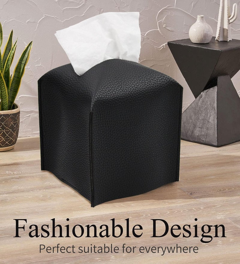 Livelab Tissue Box Cover, Square Decorative PU Leather Tissue Box Holder Modern Tissue Case Facial Paper Organizer Dispenser for Bathroom, Vanity Countertop, Night Stands, Desk, Car 5X5X5'' | Black - Image 2