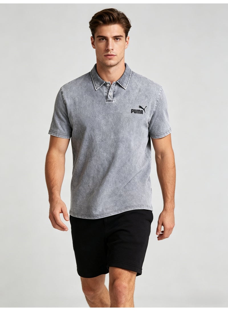 بوما PUMA Men’s Washed Grey Logo Polo Shirt - Image 4