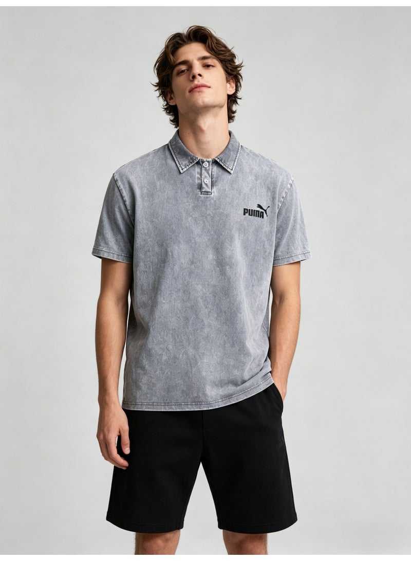 بوما PUMA Men’s Washed Grey Logo Polo Shirt - Image 3