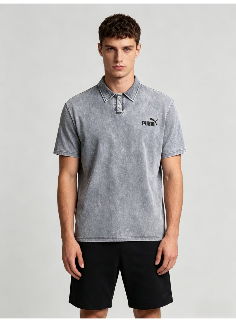 بوما PUMA Men’s Washed Grey Logo Polo Shirt - Image 1