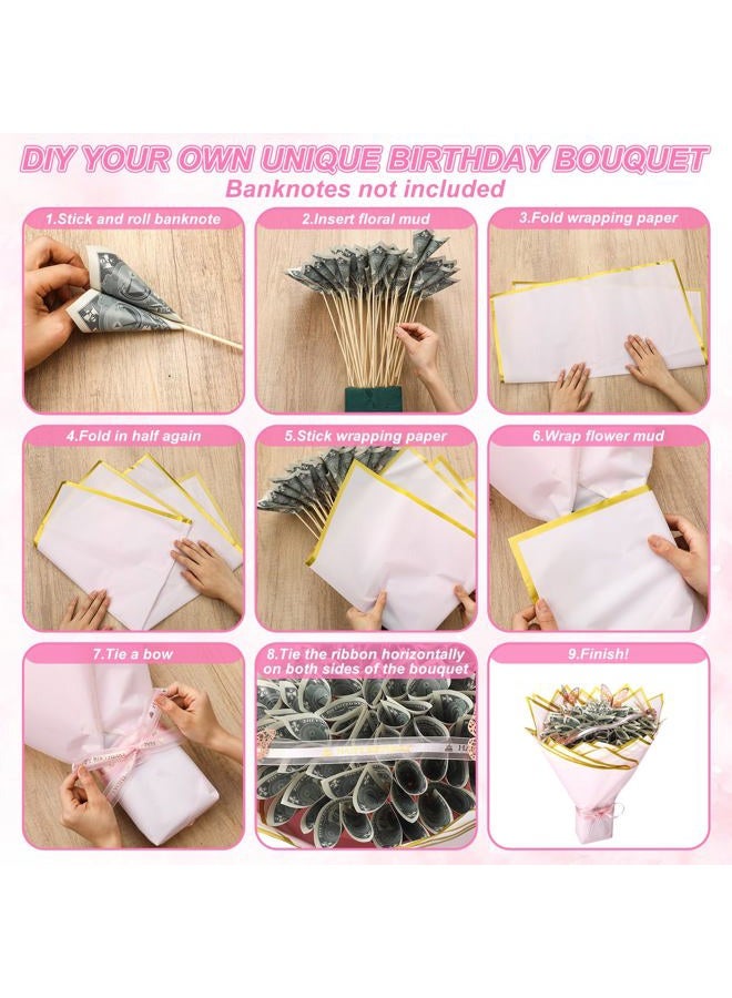 Maitys 189 Pcs Money Bouquet Kit 20 Sheets DIY Flower Wrapping Paper 100 Pcs Bamboo Skewers Floral Foam Blocks for Birthday Anniversary Wedding Gift - Image 3