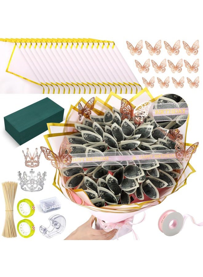 Maitys 189 Pcs Money Bouquet Kit 20 Sheets DIY Flower Wrapping Paper 100 Pcs Bamboo Skewers Floral Foam Blocks for Birthday Anniversary Wedding Gift - Image 1
