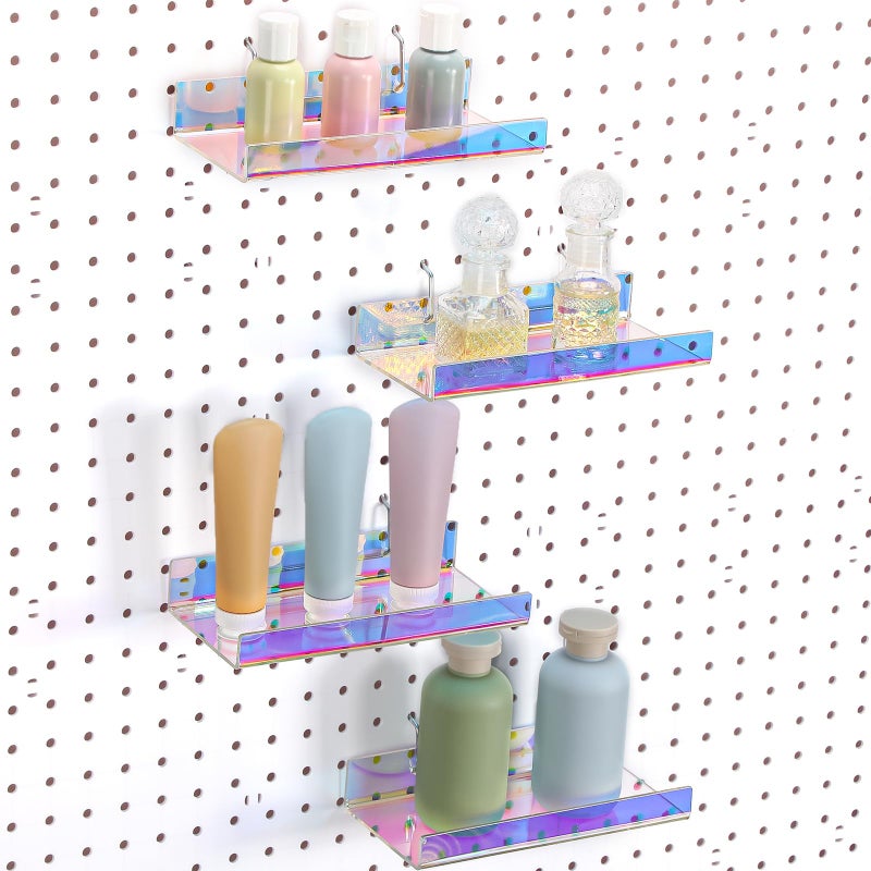 Lounsweer 4 Set Pegboard Shelf Acrylic Shelf with Metal Hooks Peg Board Organizer Accessories Storage Shelf for Pegboard Display Wall Craft Room Home Garage Nursery Kitchen (Iridescent,8 x 4 Inch) - Image 1