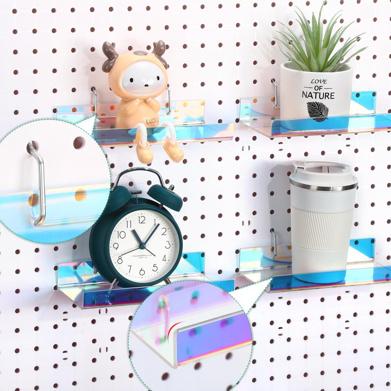 Lounsweer 4 Set Pegboard Shelf Acrylic Shelf with Metal Hooks Peg Board Organizer Accessories Storage Shelf for Pegboard Display Wall Craft Room Home Garage Nursery Kitchen (Iridescent,8 x 4 Inch) - Image 2