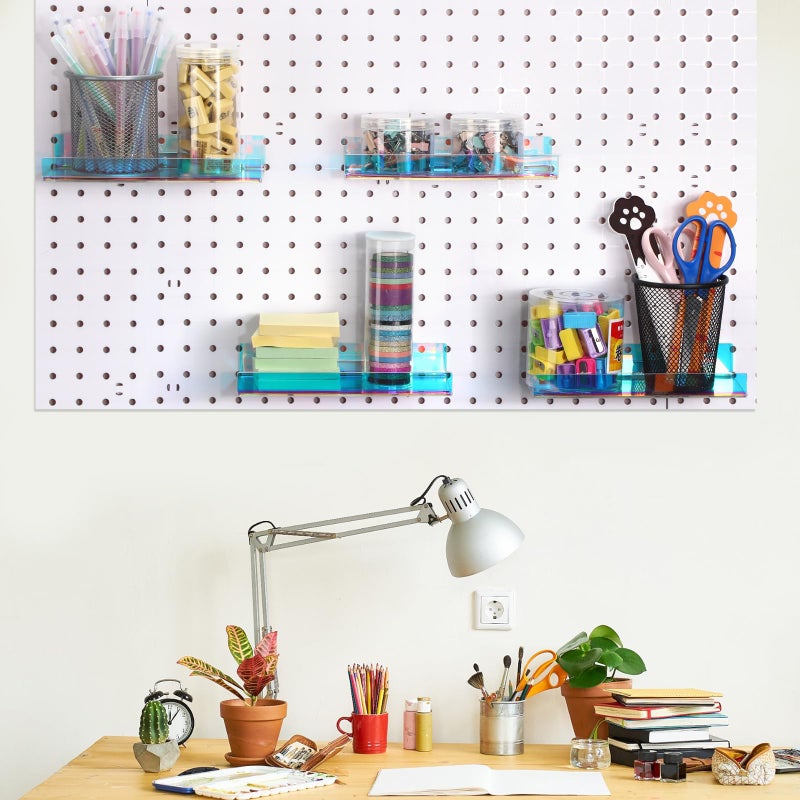 Lounsweer 4 Set Pegboard Shelf Acrylic Shelf with Metal Hooks Peg Board Organizer Accessories Storage Shelf for Pegboard Display Wall Craft Room Home Garage Nursery Kitchen (Iridescent,8 x 4 Inch) - Image 5