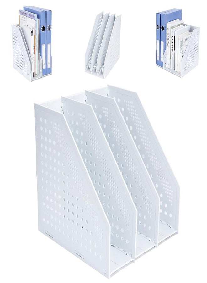 FRETONBA Collapsible Magazine File Holder with 3 Vertical Compartments Foldable Binder Holder for Desk Binder Storage Organizer Plastic Magazine Holders for Shelf, Light Gray - Image 1