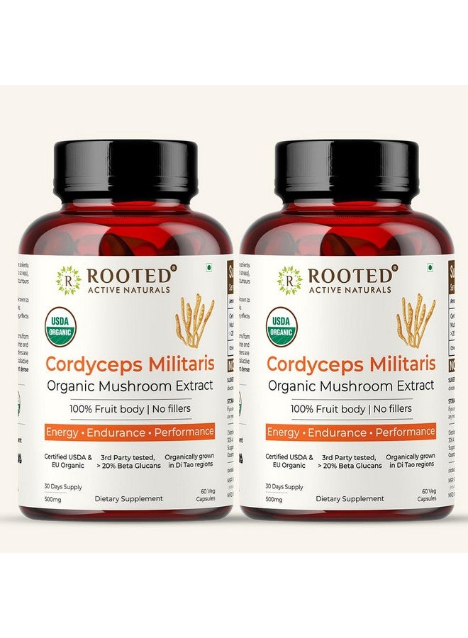 Rooted Active Naturals Organic Cordyceps Militaris Mushroom Extract Capsules, 500mg, 60 Count, Energy, Endurance, Performance (Pack of 2) - Image 1
