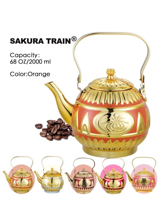 Purely Hand-Painted Golden-Painted Luxury Turkish Middle Eastern Style Stainless Steel Teapot Coffee Pot, Decorative Water Kettle with Handle, Multiple Colors And Capacities Available for Women, Men, Adults, Guests or For Tea Party - Best gift idea