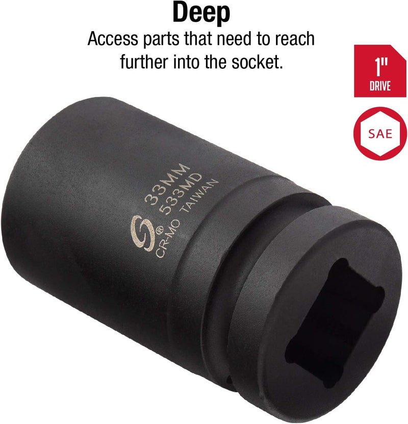 Sunex 533MD 1 Inch Drive 33mm Deep Impact Socket - Cr-Mo Steel with Radius Corner Design and Chamfered Opening - Image 2