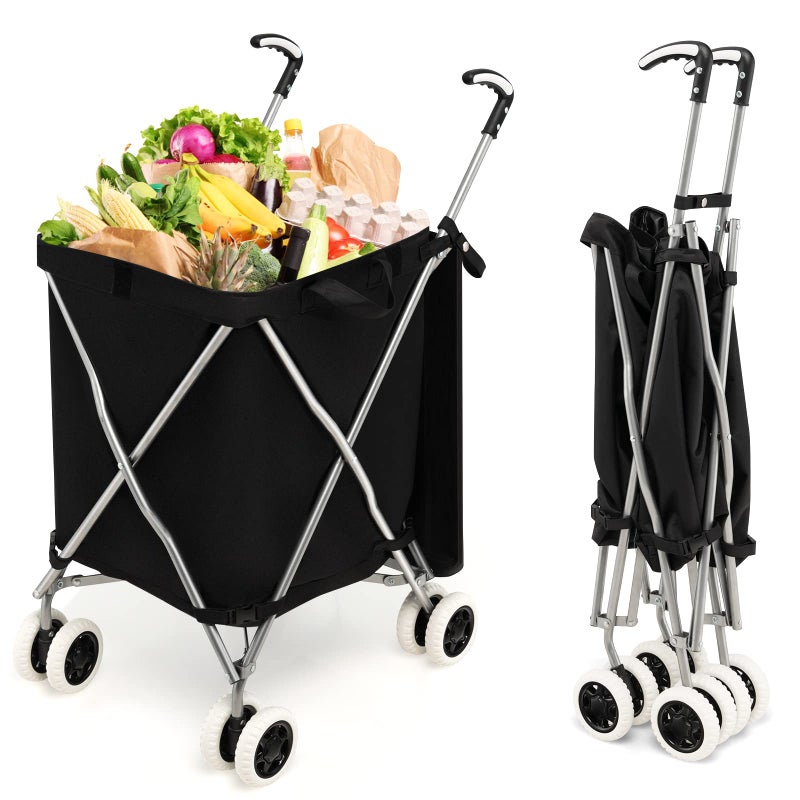 Goplus Goplus Folding Shopping Cart with Wheels Grocery Cart with Removable Oxford Cloth Liner Lightweight Utility Cart for Groceries Laundry Black