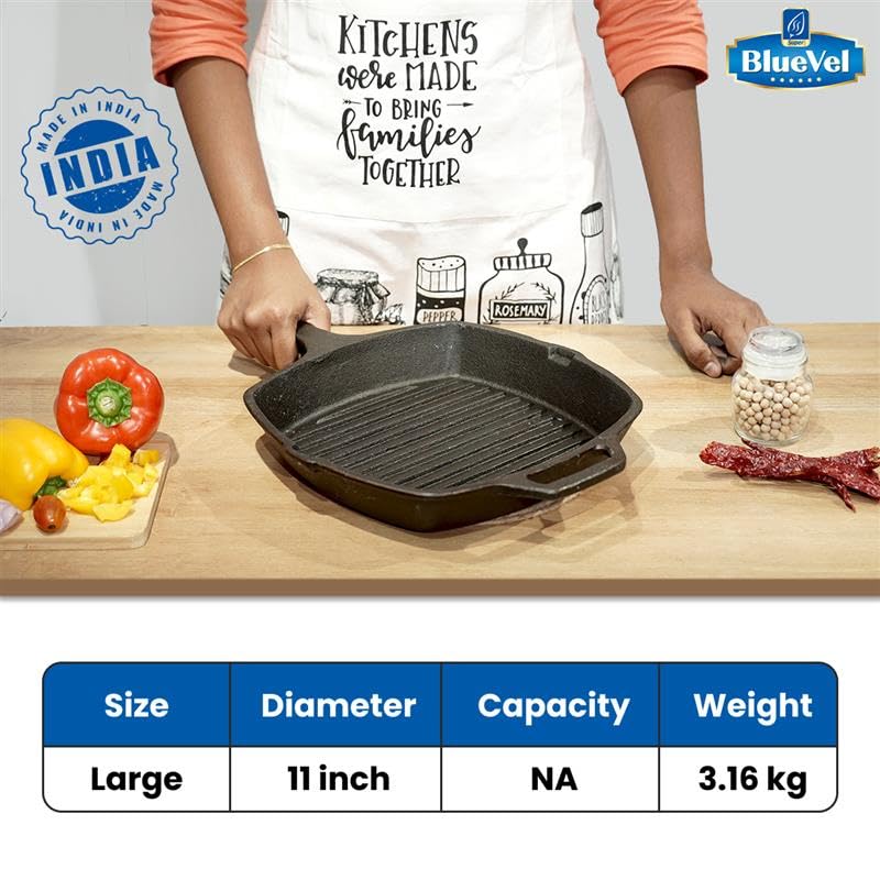 Bluevel Premium Cast Iron Grill Pan with Long Handle | 11 inch/28 cm | Gas & Induction Compatible | Pre-Seasoned, 100% Pure & Toxin-Free | Naturally Non-Stick, No Chemical Coating, Healthy Cookware - Image 2