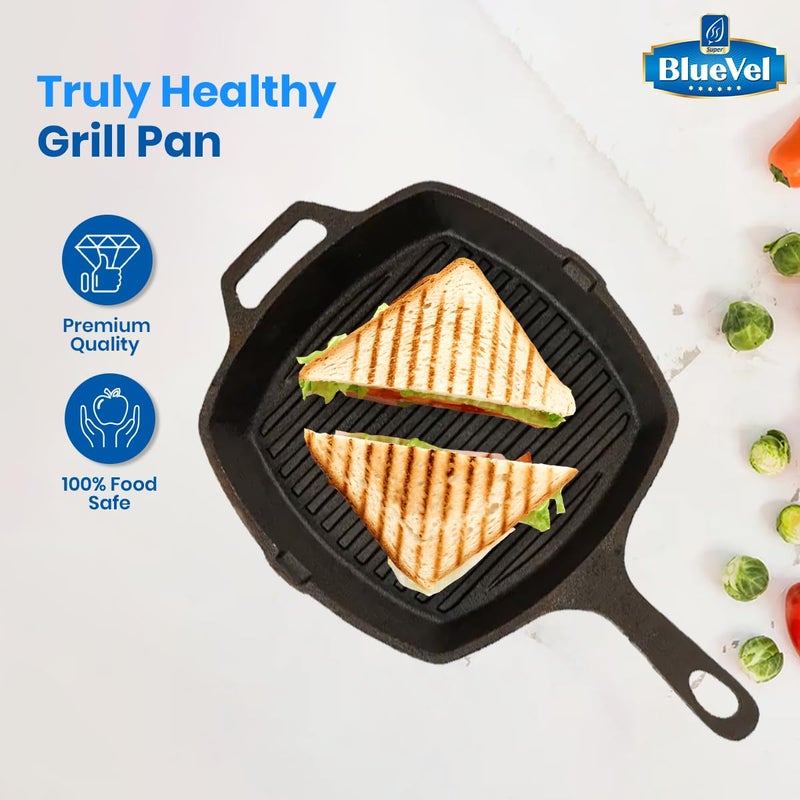 Bluevel Premium Cast Iron Grill Pan with Long Handle | 11 inch/28 cm | Gas & Induction Compatible | Pre-Seasoned, 100% Pure & Toxin-Free | Naturally Non-Stick, No Chemical Coating, Healthy Cookware - Image 4