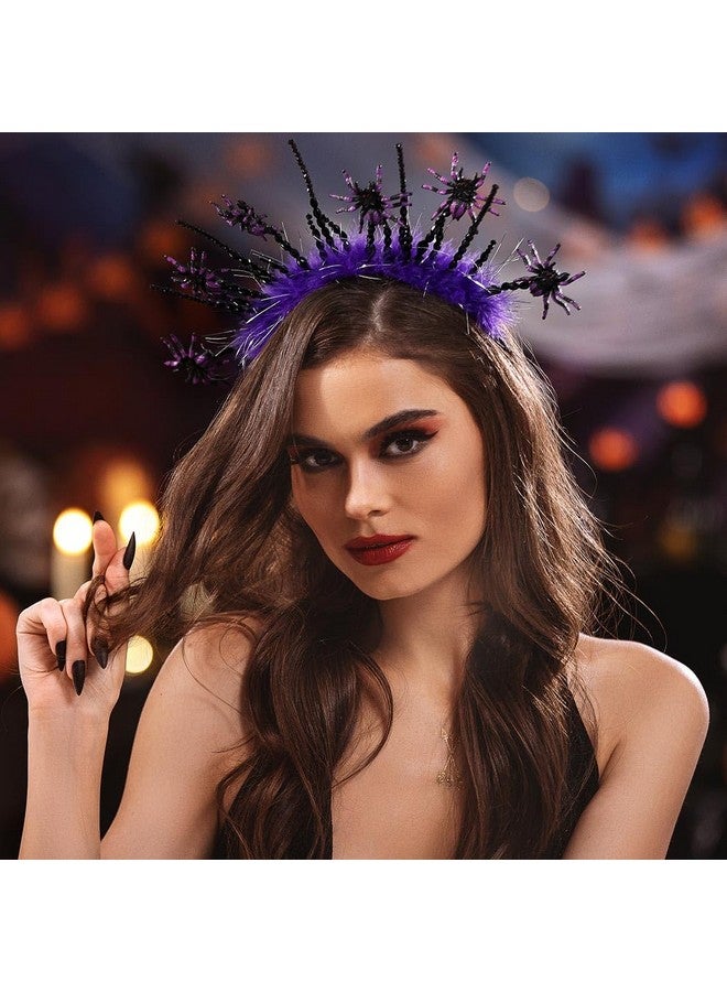 Campsis Halloween Spiders Headband Purple Feathers Halloween Headpiece Crystals Halloween Cosplay Costume Accessory For Women - Image 2