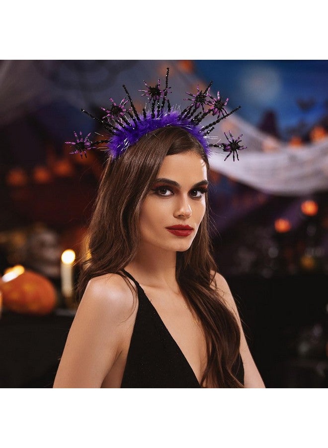 Campsis Halloween Spiders Headband Purple Feathers Halloween Headpiece Crystals Halloween Cosplay Costume Accessory For Women - Image 3