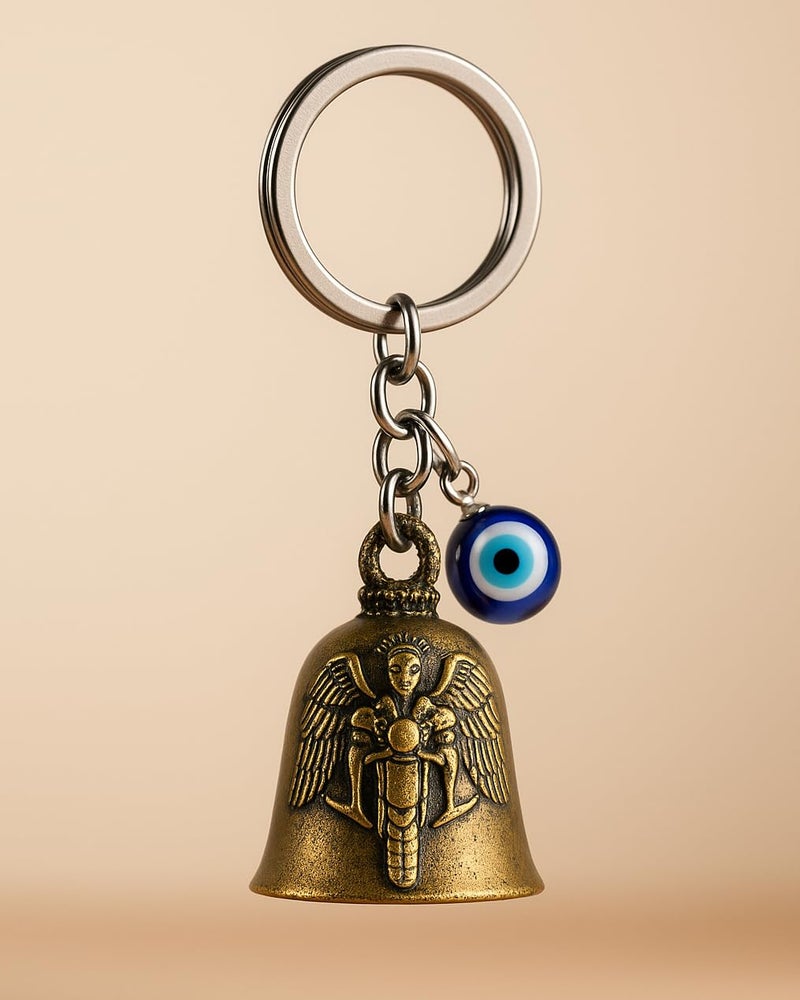 Tiny Tim Store Guardian Bell with Evil Eye Charm – Protective Motorcycle & Car Accessory – Tibetan-Inspired Design – Wards Off Negative Energy – Ideal Gift for Bikers & Travelers - Image 1