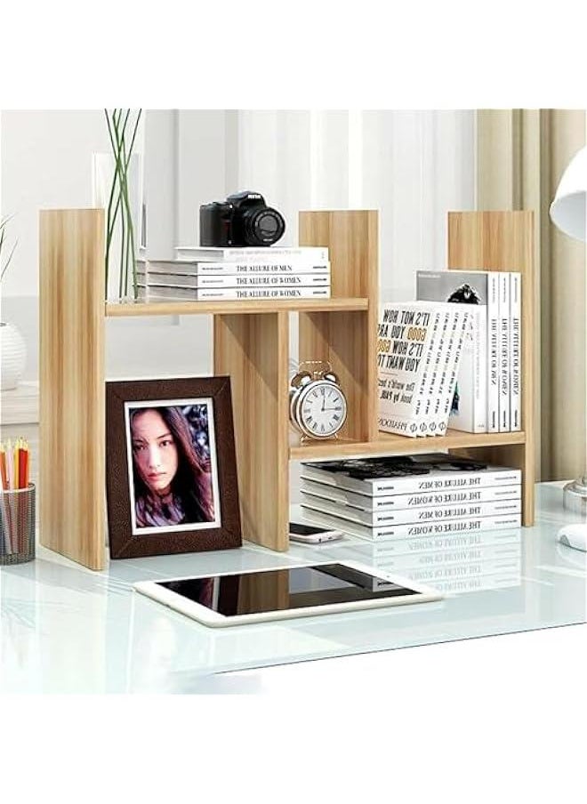 HOOKOR Wood Desktop Bookshelf, Expandable Free Standing Bookcase, Desktop Organizer Shelves, Mini Desktop Storage Rack, Book Tower for Books Magazine (Natural)  - Image 1