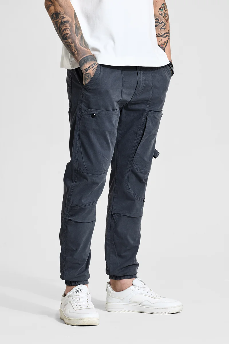 SNITCH Dark Grey Solid Slim Fit Casual Cargo