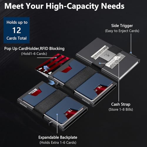SEMORID Slim Aluminum Card Holder Wallet for Men, Durable Expandable Backplate, RFID Blocking Minimalist Metal Pop Up Wallet, Holds 12+ Cards Plus Cash - Image 5
