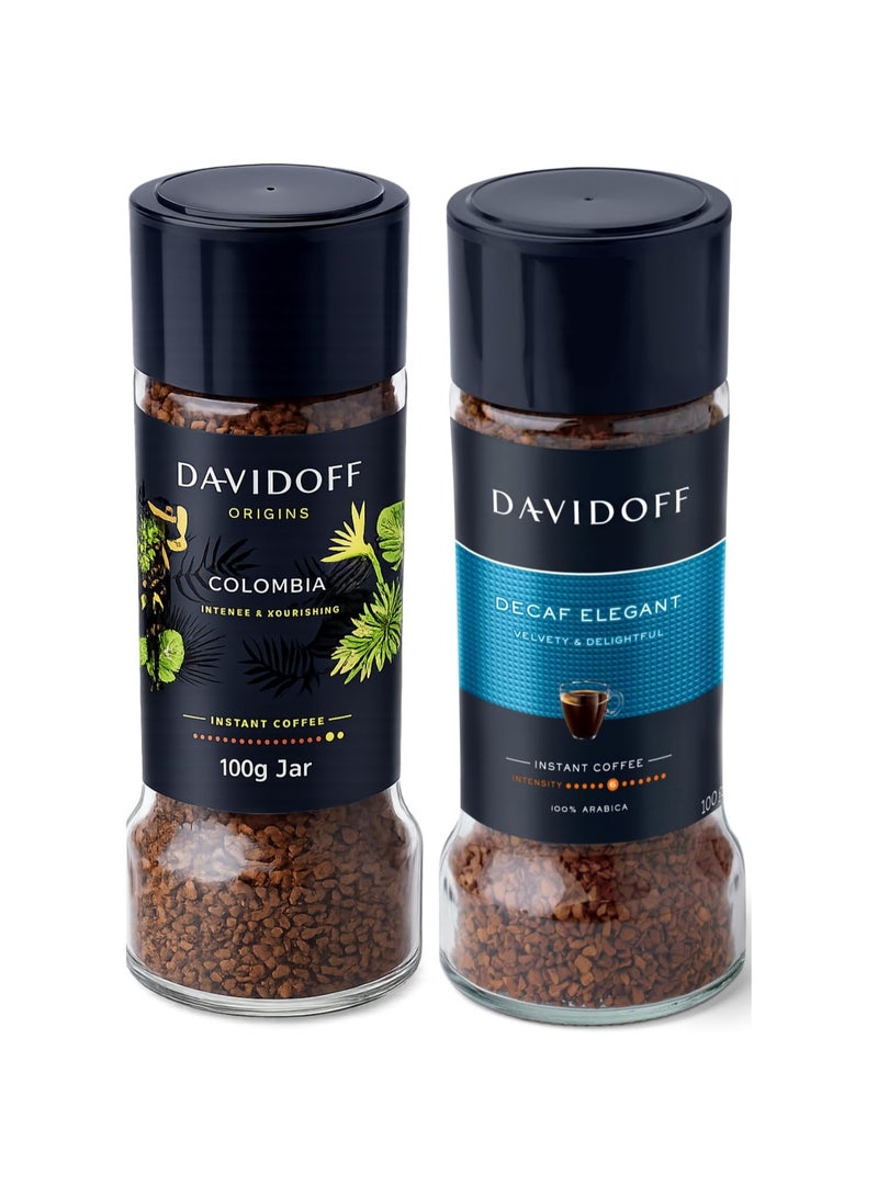 Davidoff Decaf Elegent & Colombia Instant Coffee Combo Pack (2x 100g) Glass Bottle Jar By COUGAR | Intense & Nourishing Flavor Profile | Premium 100% Arabica Colombian Coffee | Smooth Medium Roast Coffee for Home & Office - (IMPORTED) - Image 1