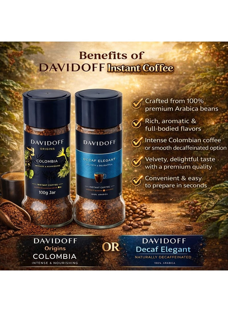 Davidoff Decaf Elegent & Colombia Instant Coffee Combo Pack (2x 100g) Glass Bottle Jar By COUGAR | Intense & Nourishing Flavor Profile | Premium 100% Arabica Colombian Coffee | Smooth Medium Roast Coffee for Home & Office - (IMPORTED) - Image 4