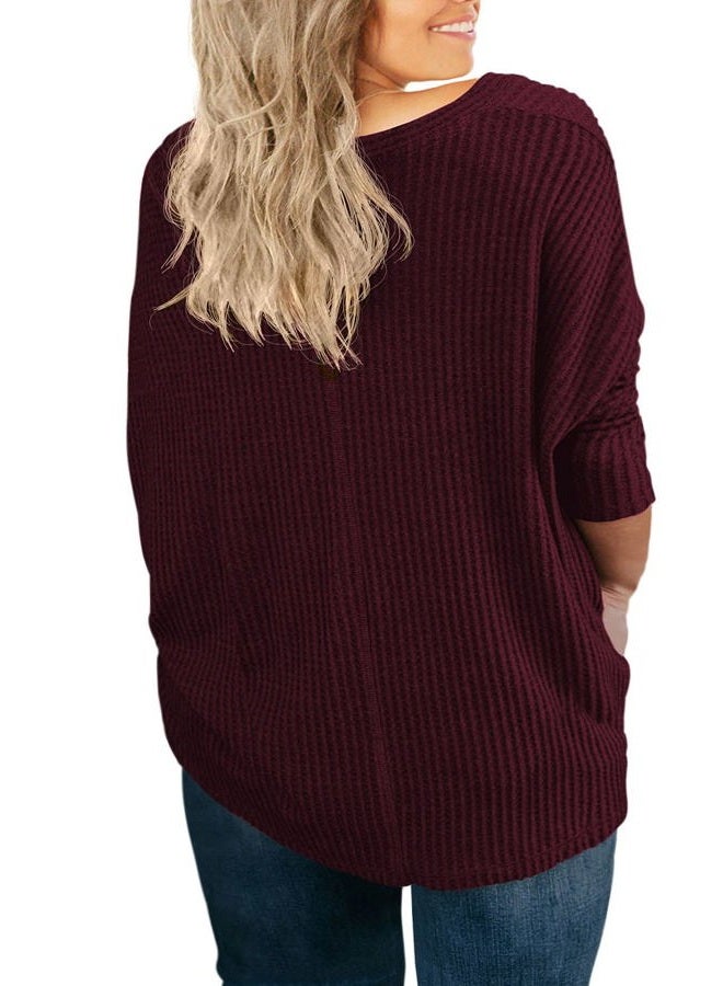 OLRIK Womens Plus Size Tops Long Sleeve V Neck Waffle Knit Tunic Blouse Tie Front Button Up T Shirts Wine Red-1X Plus - Image 4