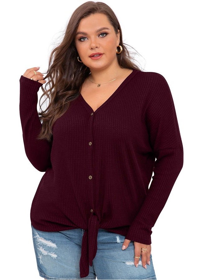 OLRIK Womens Plus Size Tops Long Sleeve V Neck Waffle Knit Tunic Blouse Tie Front Button Up T Shirts Wine Red-1X Plus - Image 5