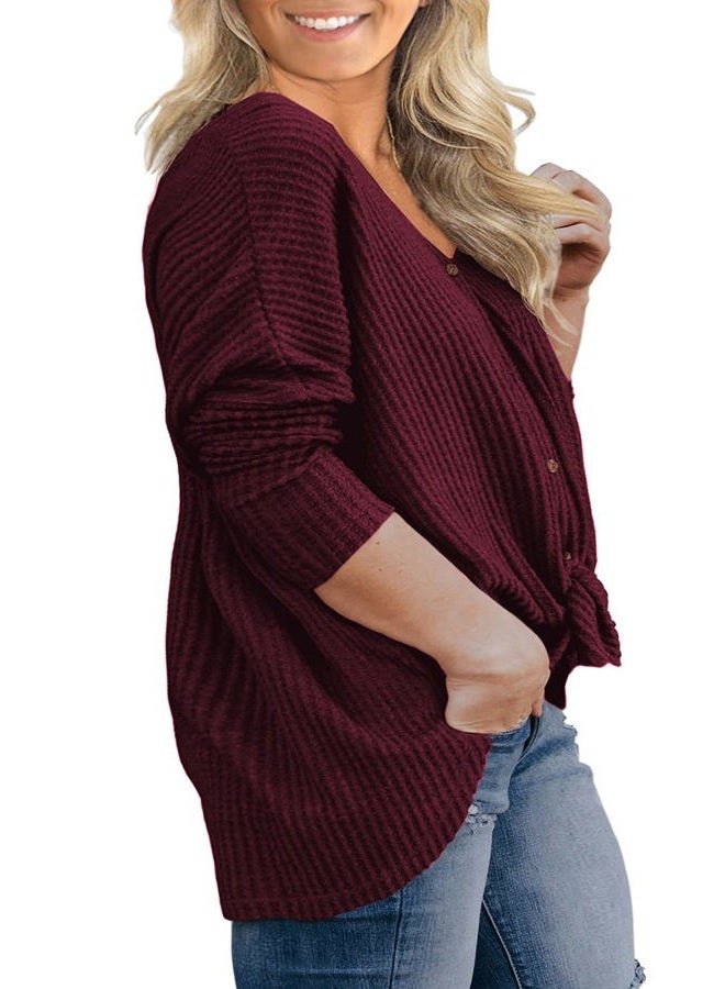 OLRIK Womens Plus Size Tops Long Sleeve V Neck Waffle Knit Tunic Blouse Tie Front Button Up T Shirts Wine Red-1X Plus - Image 3
