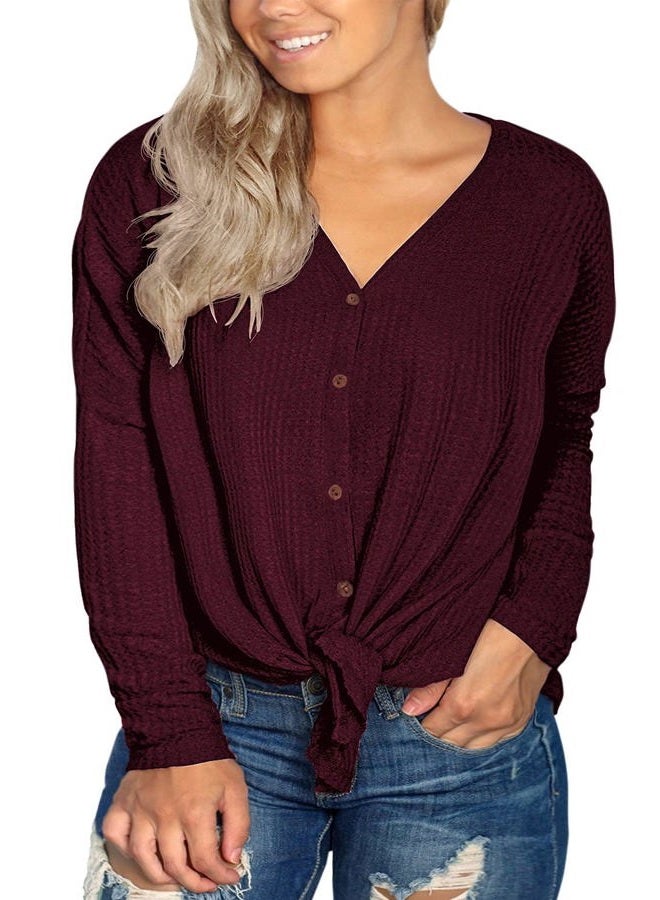 OLRIK Womens Plus Size Tops Long Sleeve V Neck Waffle Knit Tunic Blouse Tie Front Button Up T Shirts Wine Red-1X Plus - Image 2