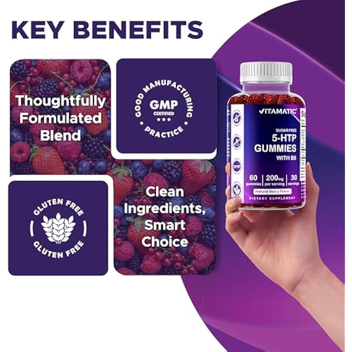 Vitamatic Sugar Free 5-HTP 200mg Gummies with B6 – 60 Pectin-Based Gummies – Mood Support & Stress Relief - Image 5