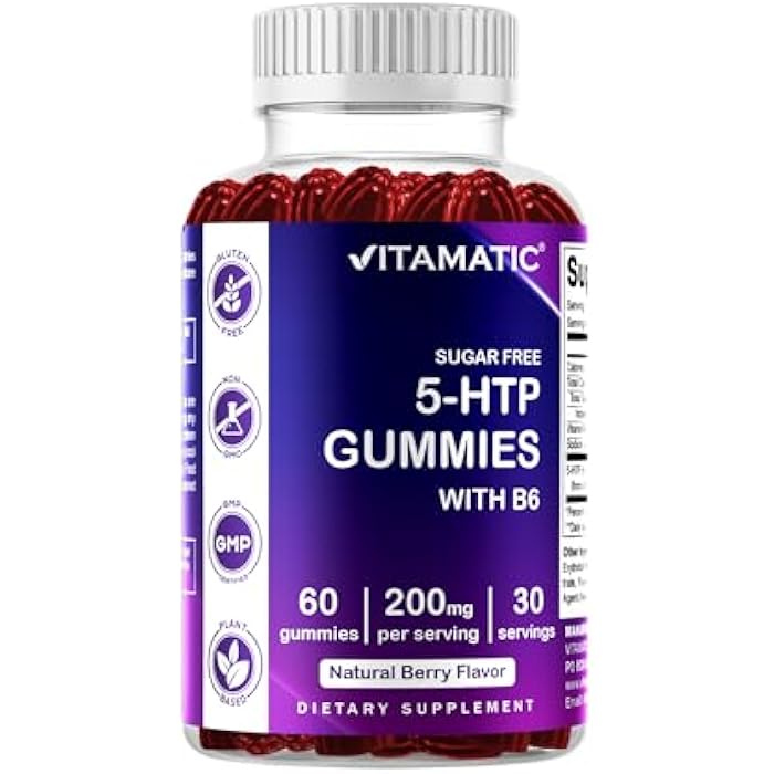 Vitamatic Sugar Free 5-HTP 200mg Gummies with B6 – 60 Pectin-Based Gummies – Mood Support & Stress Relief - Image 1