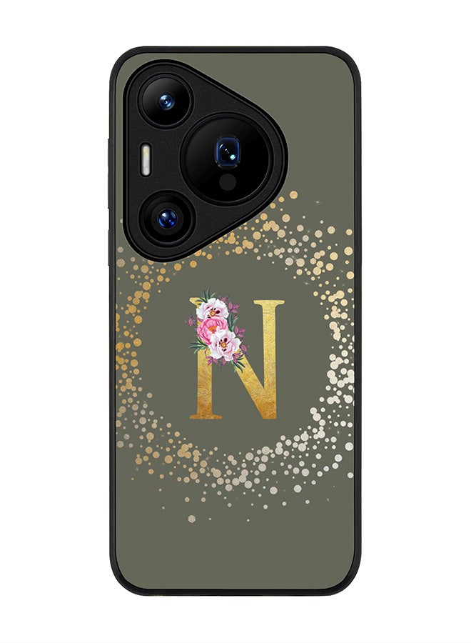 Stylizedd Rugged Black edge case for Huawei Pura 70 Pro / Huawei Pura 70 Pro Plus Case Cover Monogram Initial Letter Floral Pattern Alphabet- N (Olive Green) - Image 1