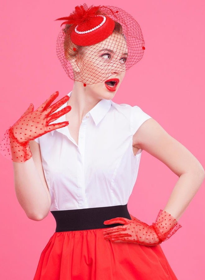 Geyoga 20s 50s Tea Party Hat Clip and Gloves Set Fascinator Hat for Women Funeral Pillbox Cocktail Clip with Veil, Red, One size - Image 4