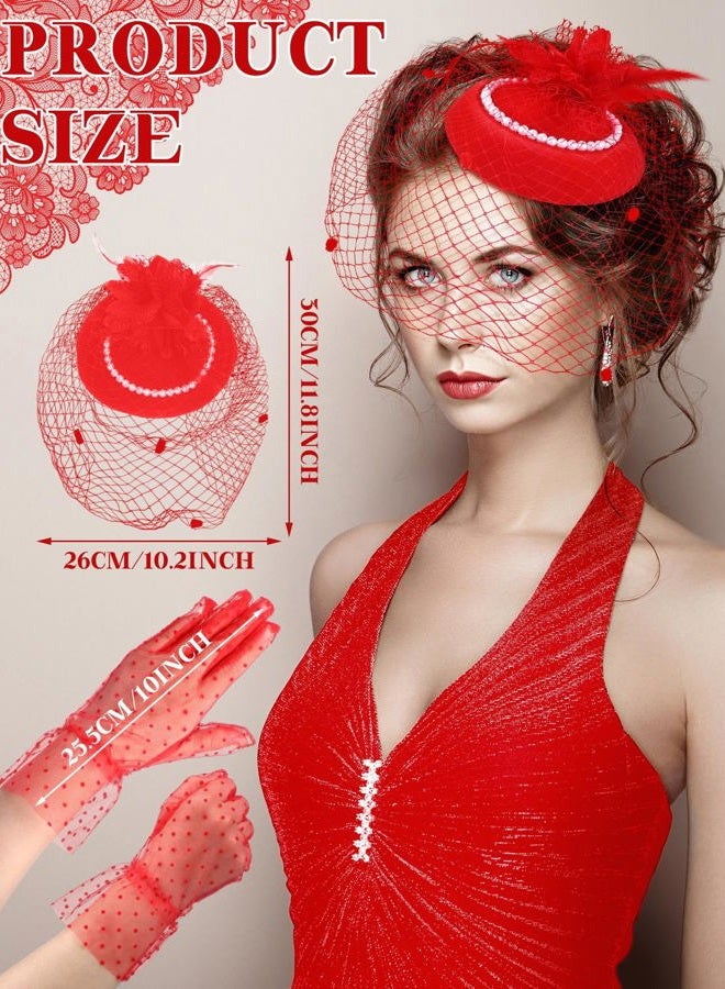 Geyoga 20s 50s Tea Party Hat Clip and Gloves Set Fascinator Hat for Women Funeral Pillbox Cocktail Clip with Veil, Red, One size - Image 3