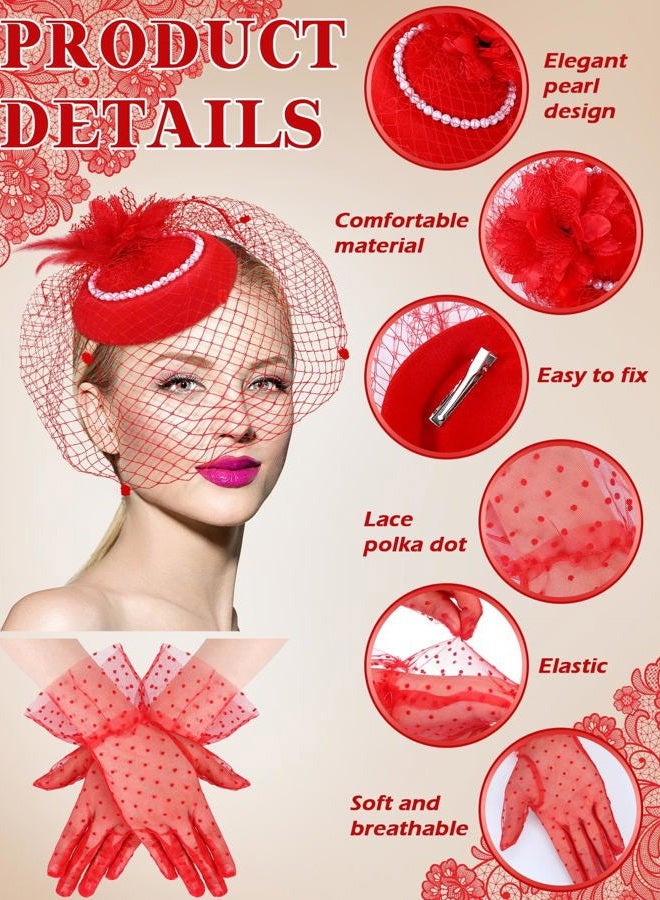 Geyoga 20s 50s Tea Party Hat Clip and Gloves Set Fascinator Hat for Women Funeral Pillbox Cocktail Clip with Veil, Red, One size - Image 5