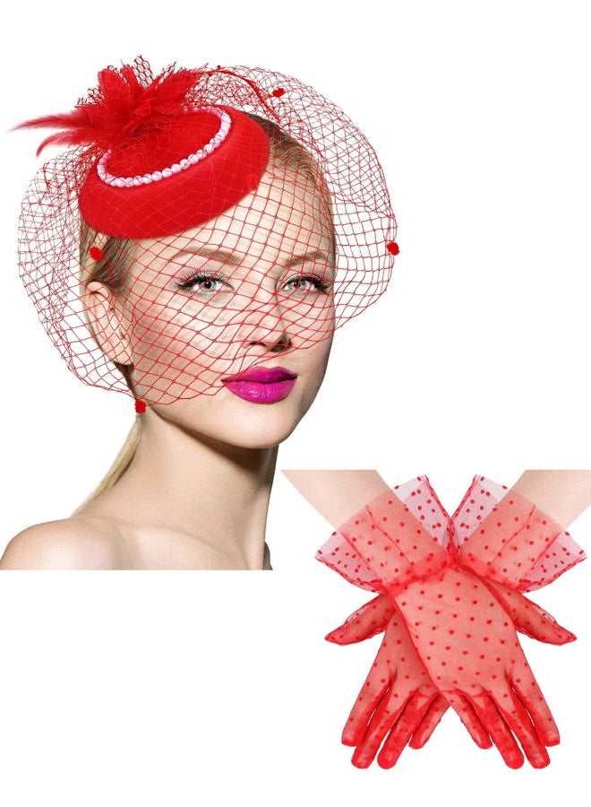Geyoga 20s 50s Tea Party Hat Clip and Gloves Set Fascinator Hat for Women Funeral Pillbox Cocktail Clip with Veil, Red, One size - Image 1