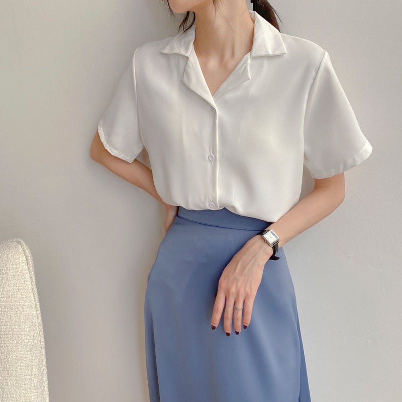 Shirt Womens Solid Color Top 2023 Spring Dress Academy Style Retro Korean Professional Dress Collar Student Summer Short Sleeve White - Image 1