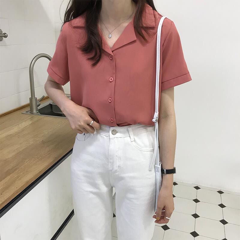 Shirt Womens Solid Color Top 2023 Spring Dress Academy Style Retro Korean Professional Dress Collar Student Summer Short Sleeve White - Image 2