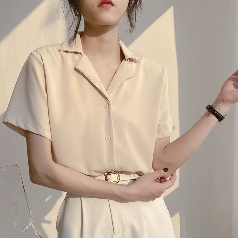 Shirt Womens Solid Color Top 2023 Spring Dress Academy Style Retro Korean Professional Dress Collar Student Summer Short Sleeve White - Image 5