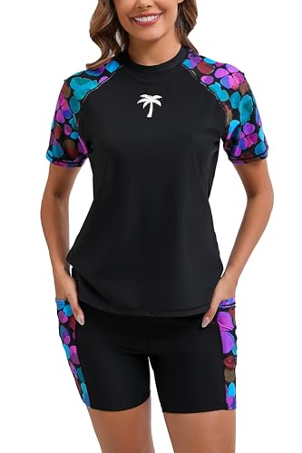 Halcurt Women's Built in Bra Rash Guard Set Sun Protection Short Sleeve Swimsuit Black XL - Image 1