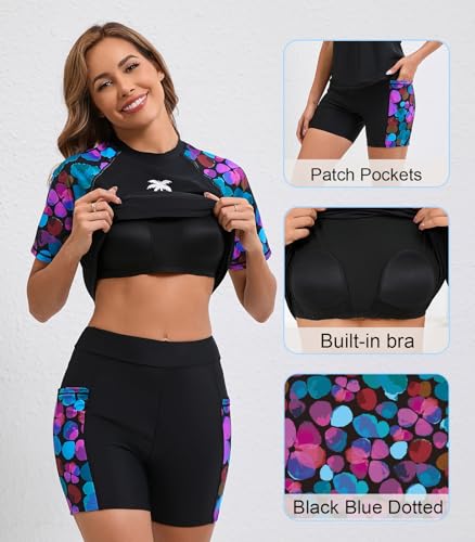 Halcurt Women's Built in Bra Rash Guard Set Sun Protection Short Sleeve Swimsuit Black XL - Image 3