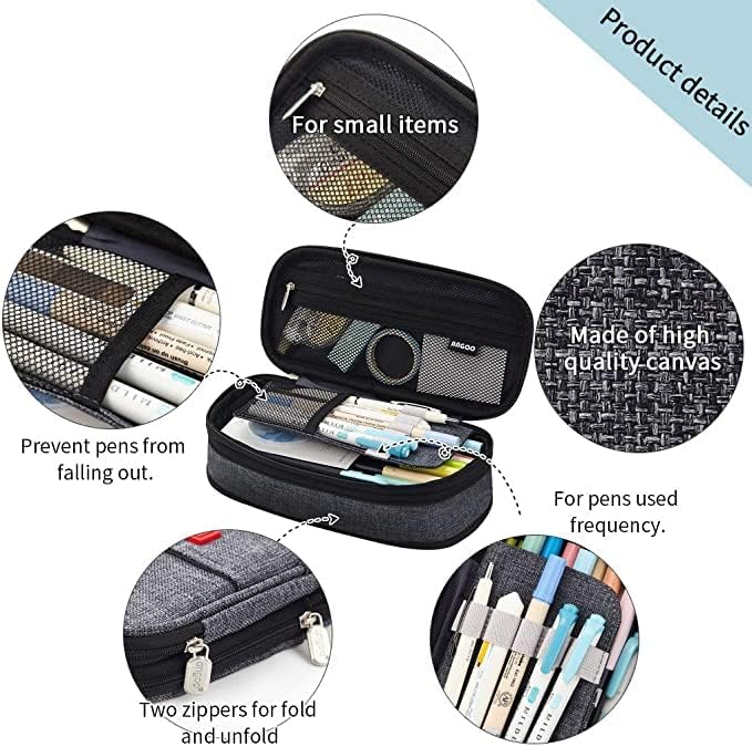 FINEMOE Large Pencil Case Stationery Items for Girls and Boys, Canvas Bags Pen Pencil Pouch for School College and Office, Organize Makeup Cosmetic, Aesthetic Cute Stationary Box for Daily Use (Black) - Image 5